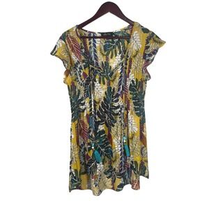 Melissa Paige‎ Women's Top M Boho Leaf Print Pleated Tunic Blouse Tassel Detail
